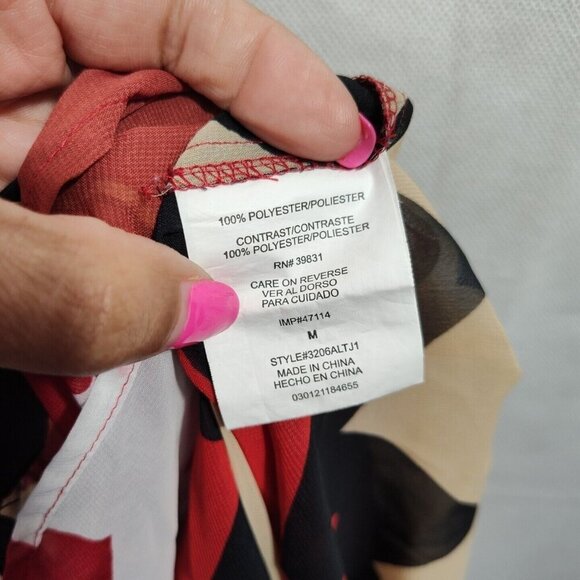 Takara Red Tan Black Shirt Blouse Women Size M Roll Tab Sleeve Chevron Print - Picture 6 of 10